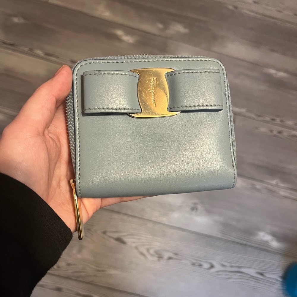 Salvatore Ferragamo Bow Logo Blue Leather Compact Wallet